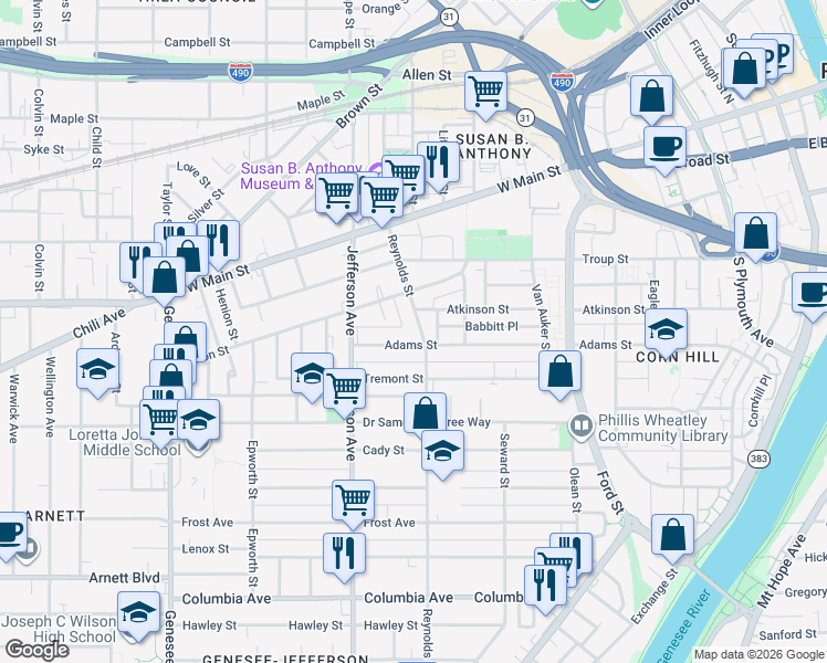 map of restaurants, bars, coffee shops, grocery stores, and more near 87 Reynolds Street in Rochester