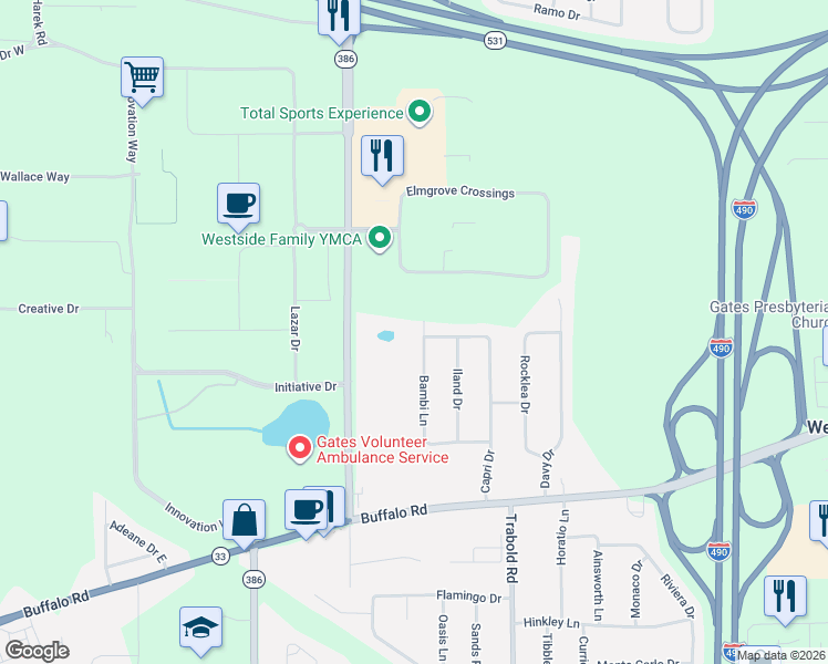 map of restaurants, bars, coffee shops, grocery stores, and more near 45 Bambi Lane in Rochester