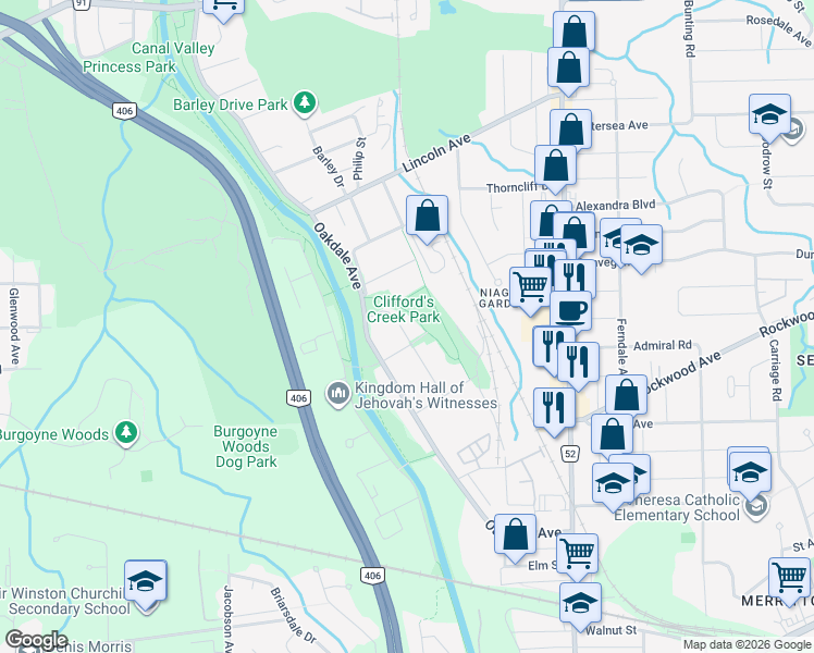 map of restaurants, bars, coffee shops, grocery stores, and more near in St. Catharines