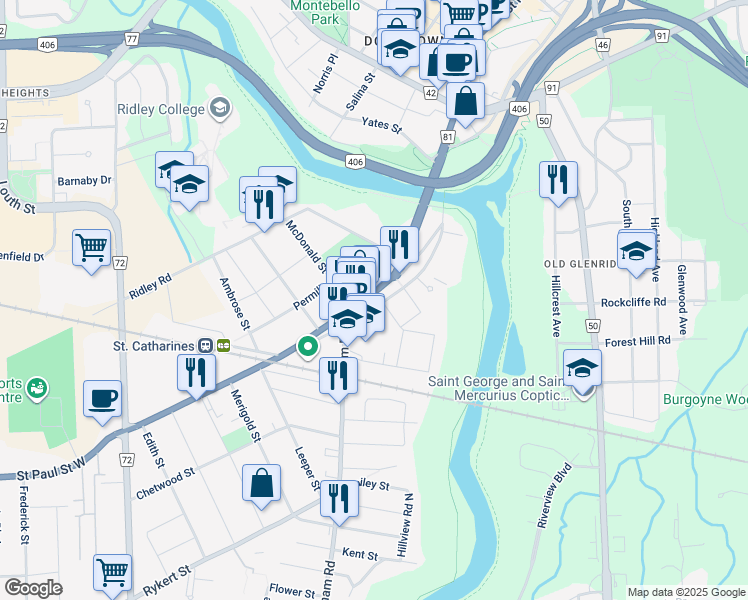 map of restaurants, bars, coffee shops, grocery stores, and more near 145 Saint Paul Crescent in St. Catharines