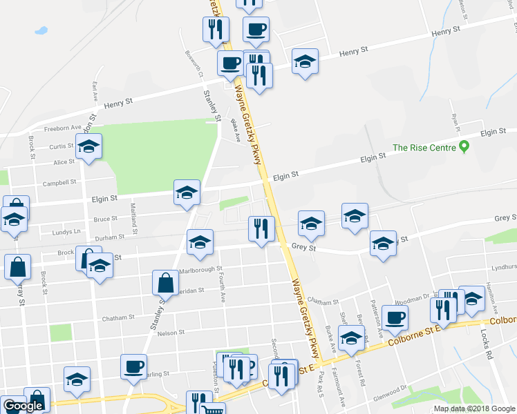 map of restaurants, bars, coffee shops, grocery stores, and more near in Brantford