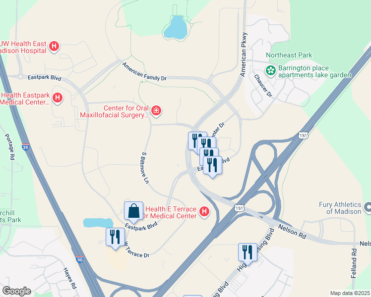 map of restaurants, bars, coffee shops, grocery stores, and more near 4702 American Pkwy in Madison