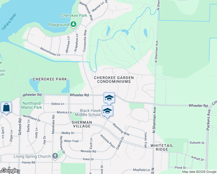 map of restaurants, bars, coffee shops, grocery stores, and more near 1418 Wheeler Road in Madison