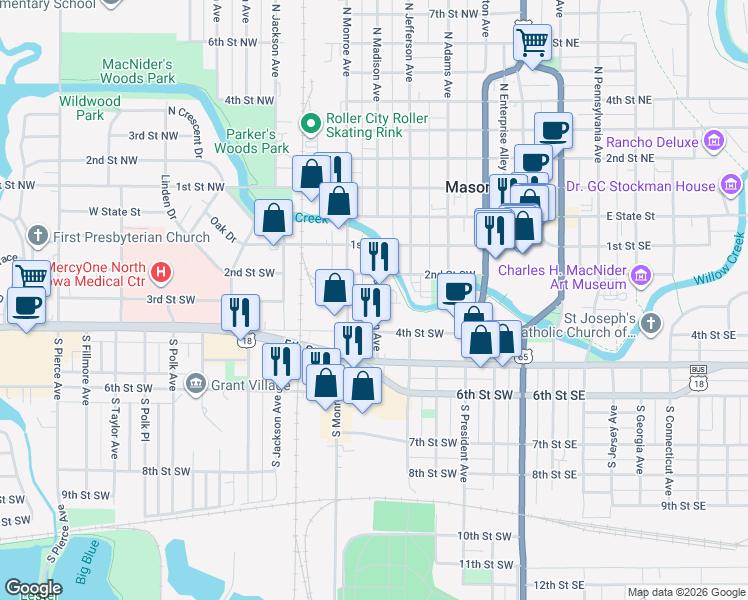 map of restaurants, bars, coffee shops, grocery stores, and more near 301-399 3rd Street Southwest in Mason City