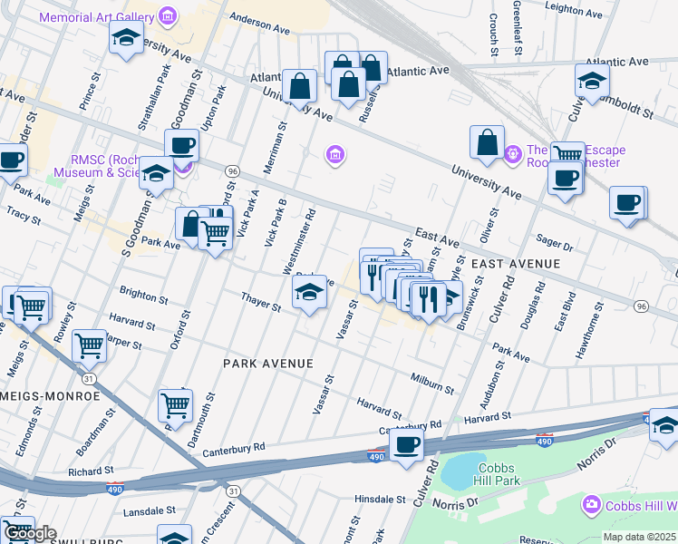 map of restaurants, bars, coffee shops, grocery stores, and more near 600 Park Avenue in Rochester