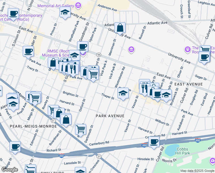 map of restaurants, bars, coffee shops, grocery stores, and more near Park Avenue & Vick Park B Road in Rochester