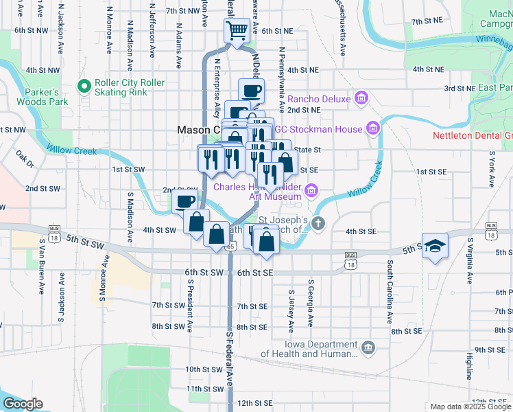 map of restaurants, bars, coffee shops, grocery stores, and more near 300 South Delaware Avenue in Mason City