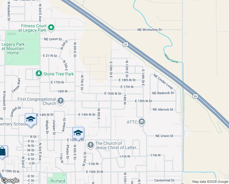 map of restaurants, bars, coffee shops, grocery stores, and more near 1010 East 16th North Street in Mountain Home
