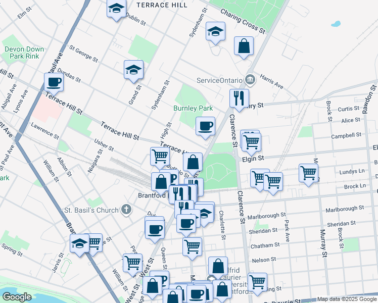 map of restaurants, bars, coffee shops, grocery stores, and more near 21 Terrace Hill Street in Brantford