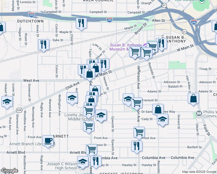 map of restaurants, bars, coffee shops, grocery stores, and more near 28 Churchlea Place in Rochester