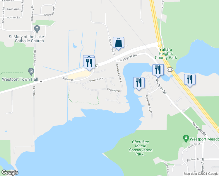 map of restaurants, bars, coffee shops, grocery stores, and more near 5404 Westshire Circle in Waunakee