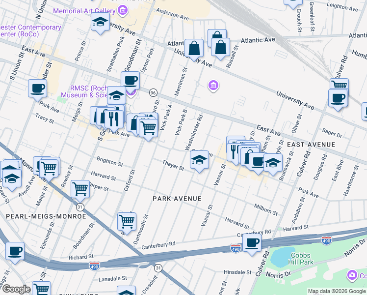 map of restaurants, bars, coffee shops, grocery stores, and more near 478 Park Avenue in Rochester