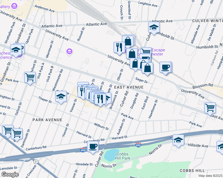 map of restaurants, bars, coffee shops, grocery stores, and more near 41 Brunswick Street in Rochester