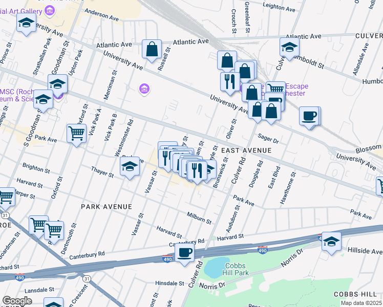 map of restaurants, bars, coffee shops, grocery stores, and more near 80 Berkeley Street in Rochester