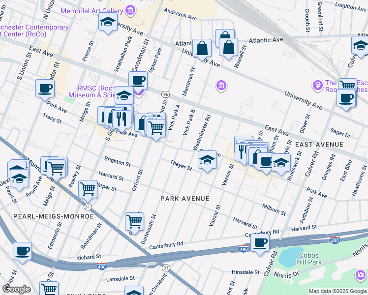 map of restaurants, bars, coffee shops, grocery stores, and more near 139 Westminster Road in Rochester