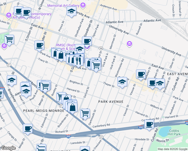 map of restaurants, bars, coffee shops, grocery stores, and more near 33 Rutgers Street in Rochester