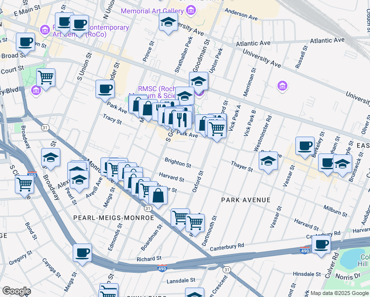 map of restaurants, bars, coffee shops, grocery stores, and more near 49 Harlem Street in Rochester