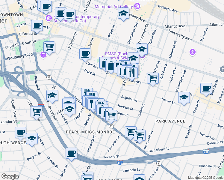 map of restaurants, bars, coffee shops, grocery stores, and more near 24 Rowley Street in Rochester