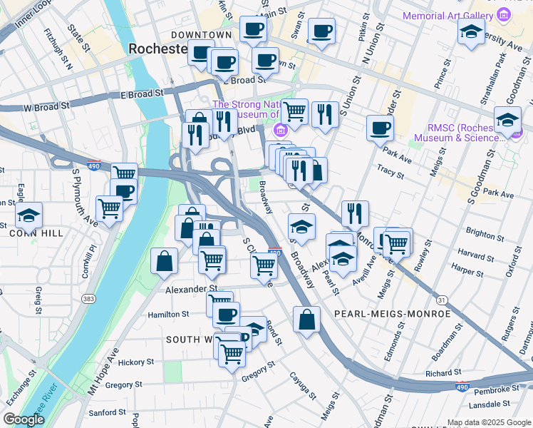 map of restaurants, bars, coffee shops, grocery stores, and more near 379 Broadway in Rochester