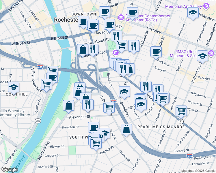 map of restaurants, bars, coffee shops, grocery stores, and more near 379 Broadway in Rochester