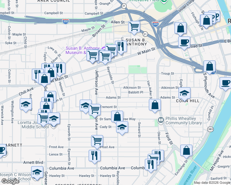 map of restaurants, bars, coffee shops, grocery stores, and more near 87 Reynolds Street in Rochester
