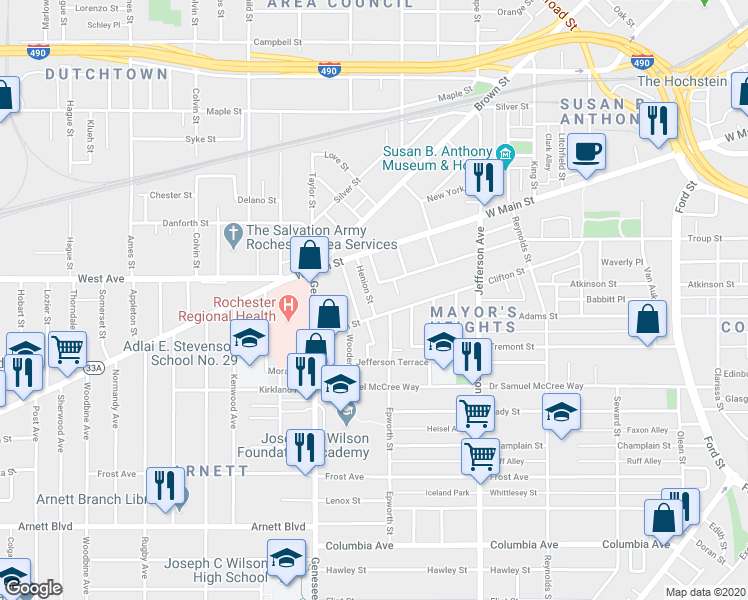 map of restaurants, bars, coffee shops, grocery stores, and more near 28 Churchlea Place in Rochester
