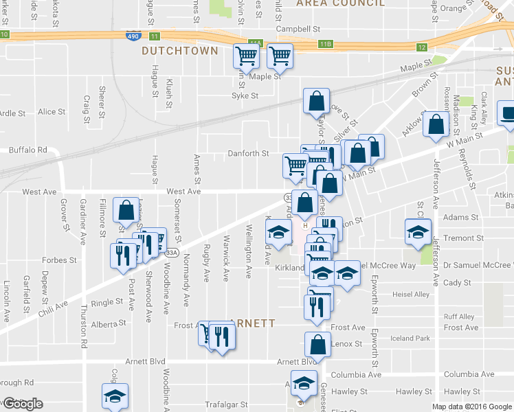 map of restaurants, bars, coffee shops, grocery stores, and more near 99 Chili Avenue in Rochester