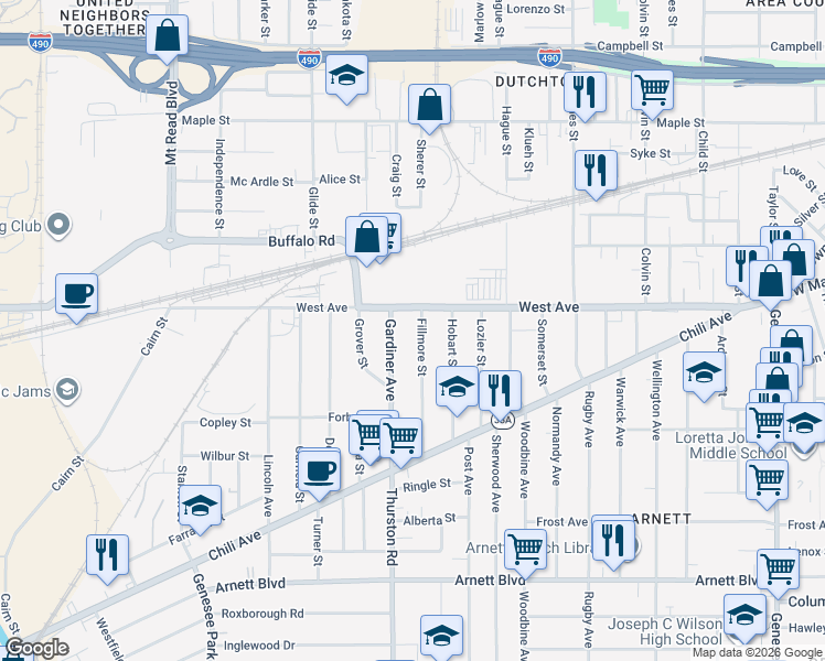 map of restaurants, bars, coffee shops, grocery stores, and more near 40 Gardiner Avenue in Rochester