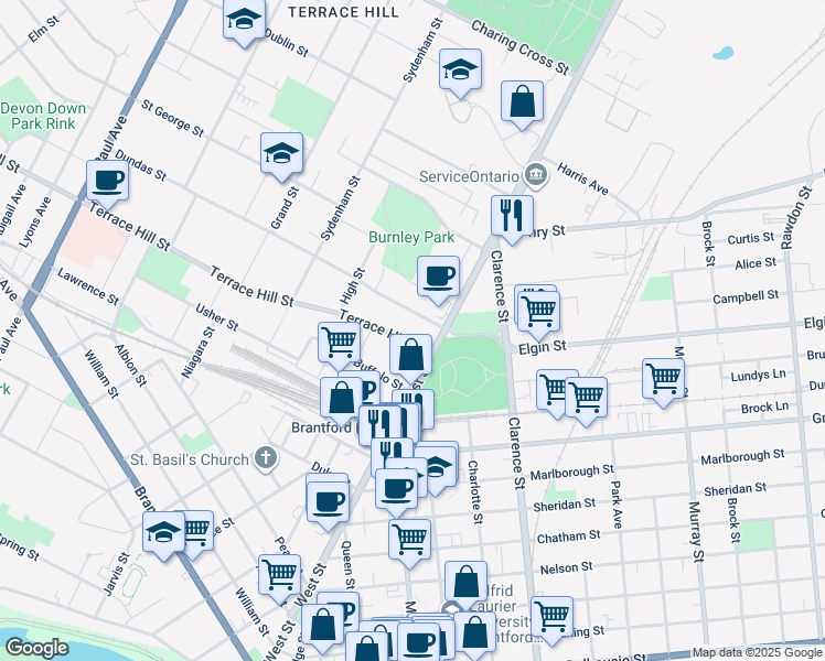 map of restaurants, bars, coffee shops, grocery stores, and more near 11 Terrace Hill Street in Brantford