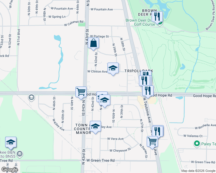 map of restaurants, bars, coffee shops, grocery stores, and more near 3930 Good Hope Road in Milwaukee