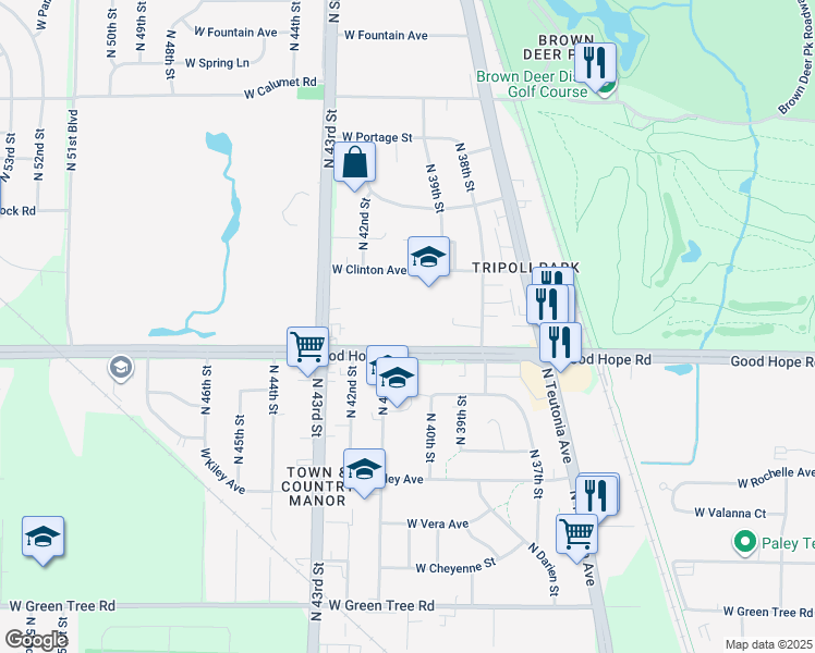 map of restaurants, bars, coffee shops, grocery stores, and more near 3930 Good Hope Road in Milwaukee
