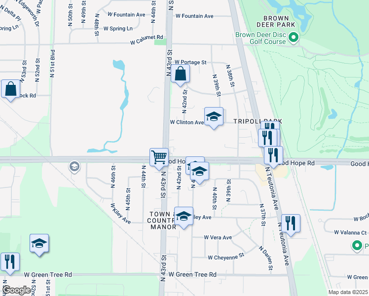 map of restaurants, bars, coffee shops, grocery stores, and more near 4200 Good Hope Road in Milwaukee