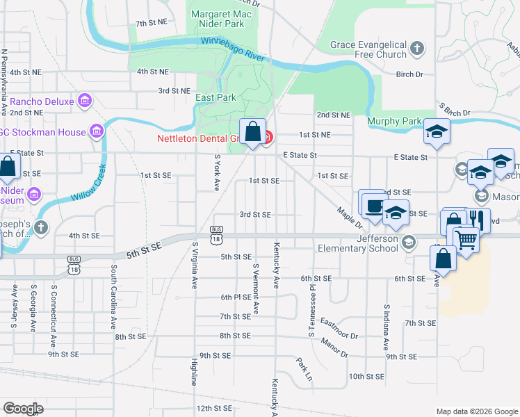 map of restaurants, bars, coffee shops, grocery stores, and more near 945 3rd Street Southeast in Mason City