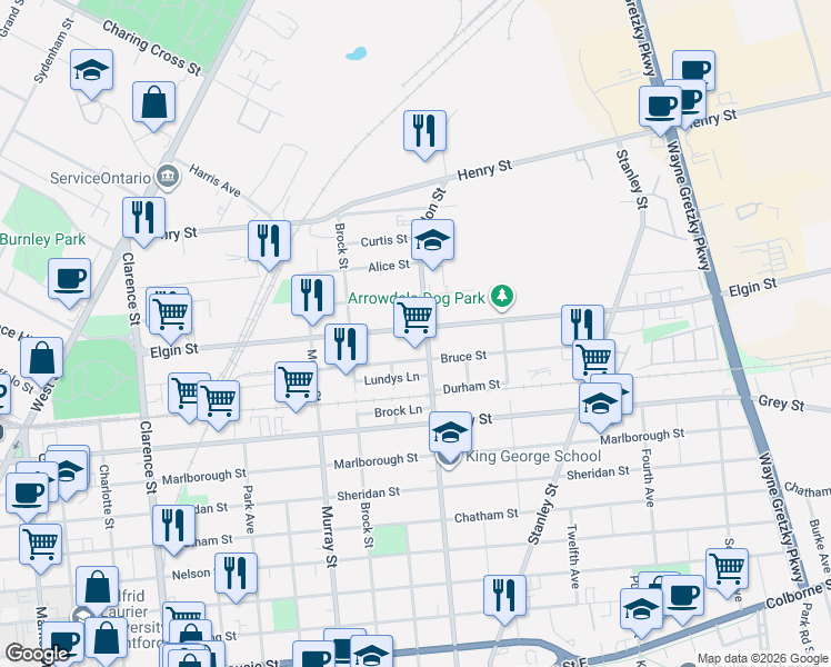 map of restaurants, bars, coffee shops, grocery stores, and more near 167 Elgin Street in Brantford