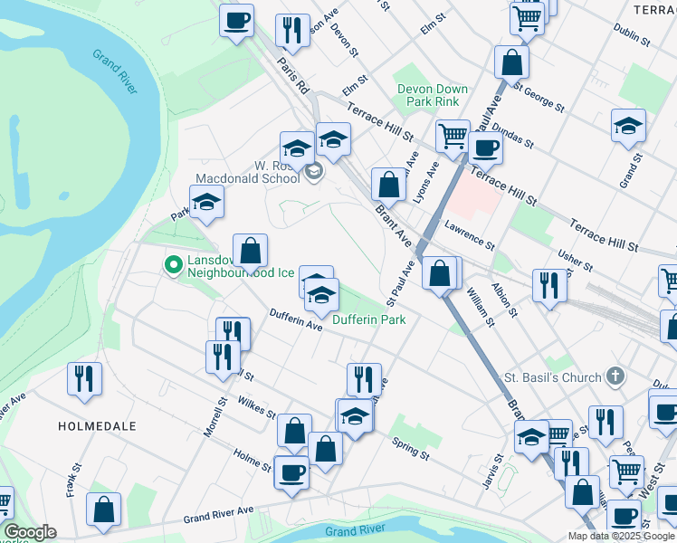 map of restaurants, bars, coffee shops, grocery stores, and more near 350 Brant Avenue in Brantford