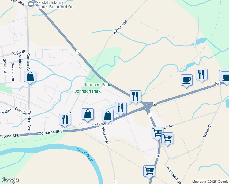 map of restaurants, bars, coffee shops, grocery stores, and more near 59 Hansford Drive in Brantford