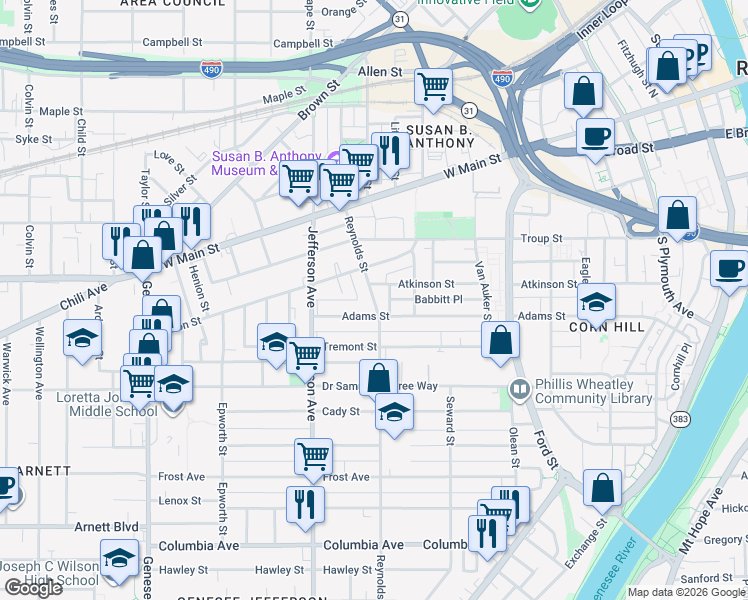 map of restaurants, bars, coffee shops, grocery stores, and more near 87 Reynolds Street in Rochester