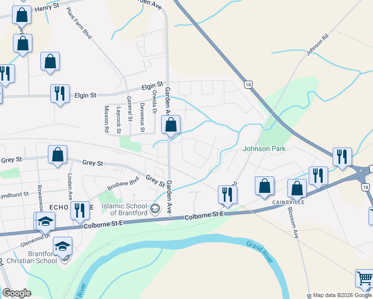 map of restaurants, bars, coffee shops, grocery stores, and more near 155 Thomas Avenue in Brantford