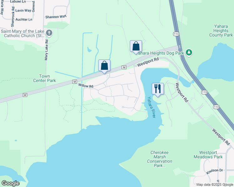 map of restaurants, bars, coffee shops, grocery stores, and more near 5321 Royalty Court in Waunakee
