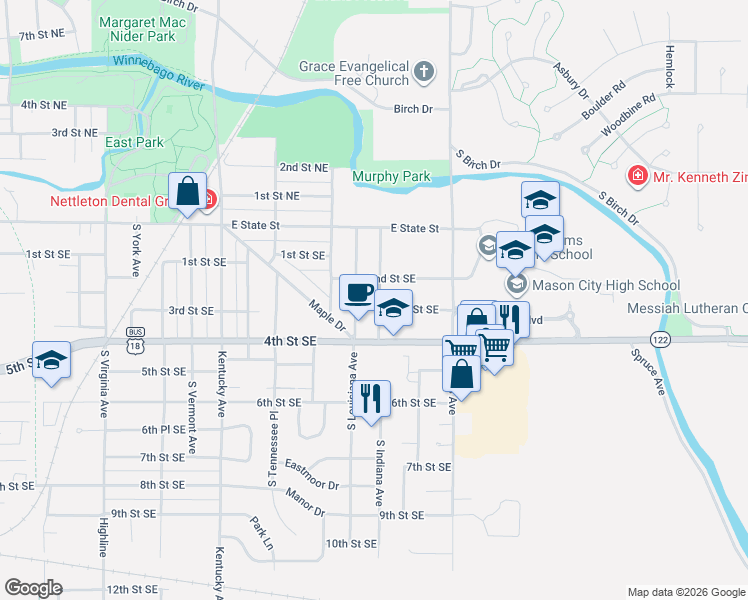 map of restaurants, bars, coffee shops, grocery stores, and more near 301 South Indiana Avenue in Mason City