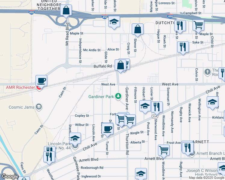 map of restaurants, bars, coffee shops, grocery stores, and more near 26 Depew Street in Rochester