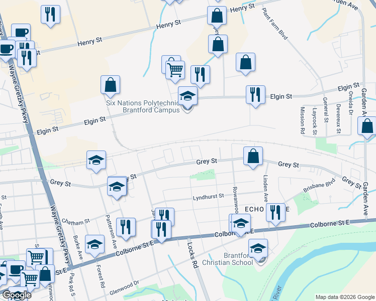 map of restaurants, bars, coffee shops, grocery stores, and more near 550 Grey Street in Brantford