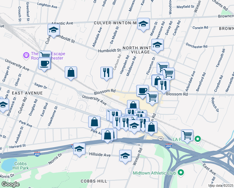 map of restaurants, bars, coffee shops, grocery stores, and more near 405 Blossom Road in Rochester