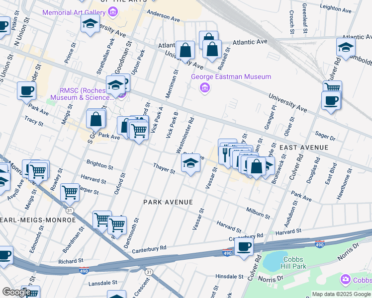 map of restaurants, bars, coffee shops, grocery stores, and more near in Rochester
