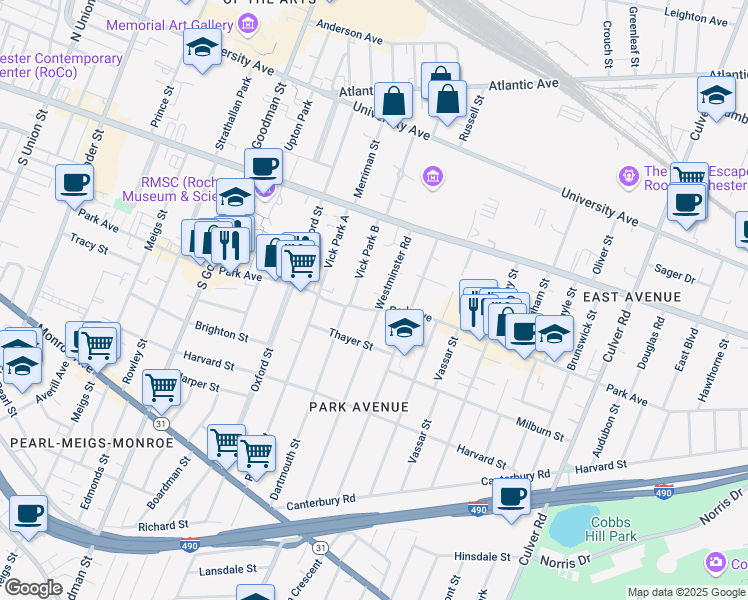map of restaurants, bars, coffee shops, grocery stores, and more near 139 Westminster Road in Rochester