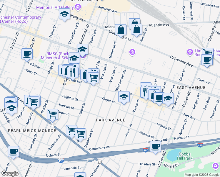 map of restaurants, bars, coffee shops, grocery stores, and more near 139 Westminster Road in Rochester