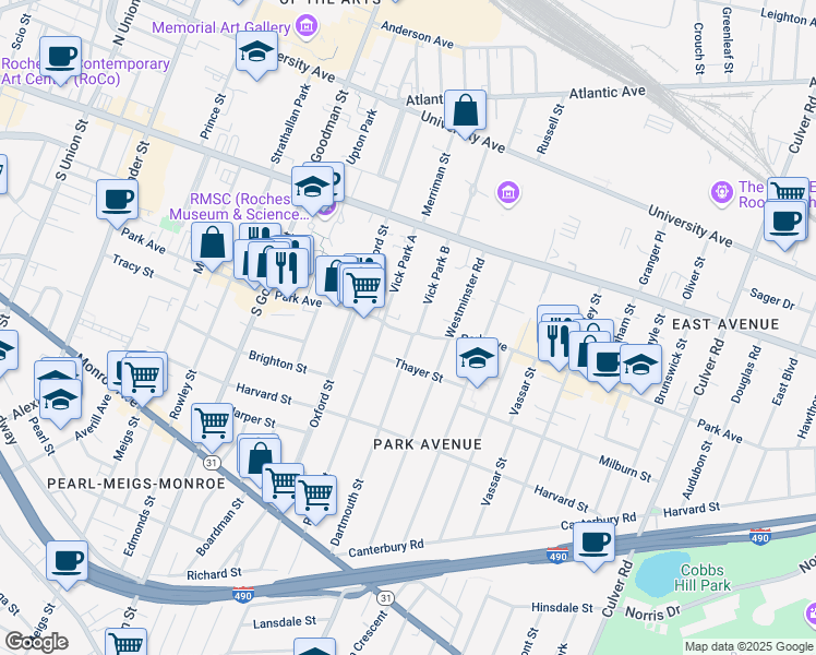 map of restaurants, bars, coffee shops, grocery stores, and more near 429 Park Avenue in Rochester