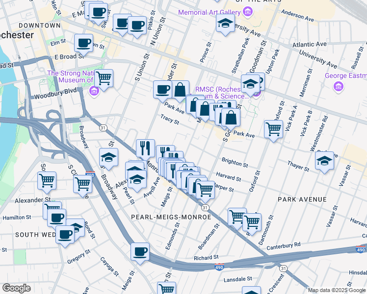 map of restaurants, bars, coffee shops, grocery stores, and more near 260 Meigs Street in Rochester