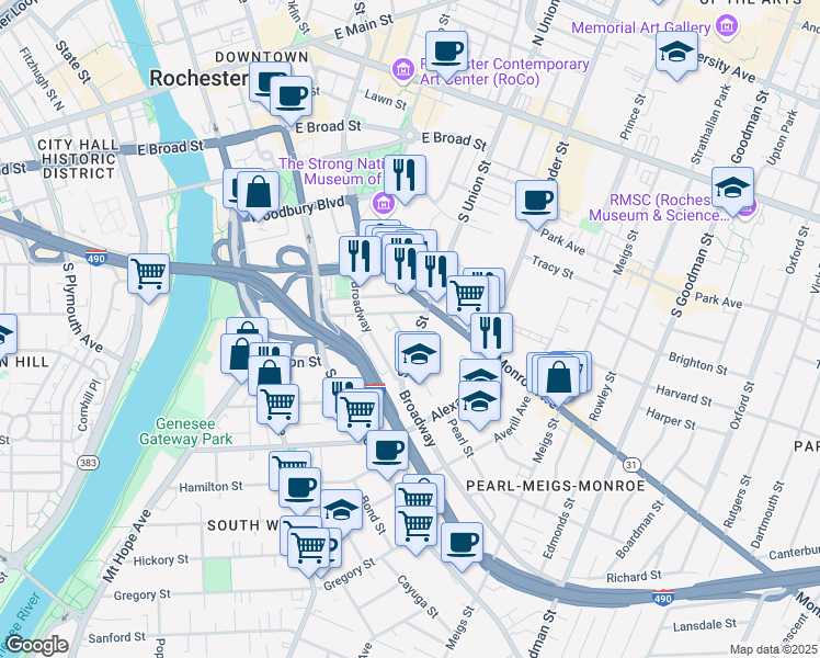 map of restaurants, bars, coffee shops, grocery stores, and more near 39 Pearl Street in Rochester