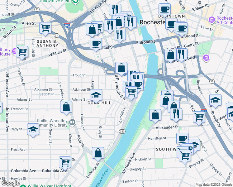 map of restaurants, bars, coffee shops, grocery stores, and more near 20 Cornhill Terrace in Rochester